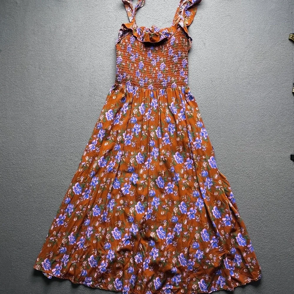 NATURAL LIFE Rust Floral Midi Dress with Blue Accents